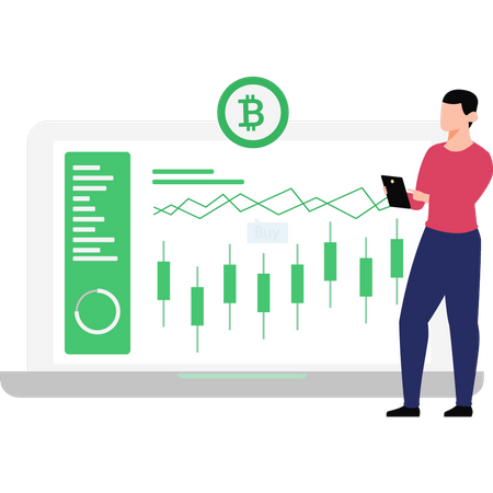 Jeune homme travaillant sur Bitcoin Analytics  Illustration