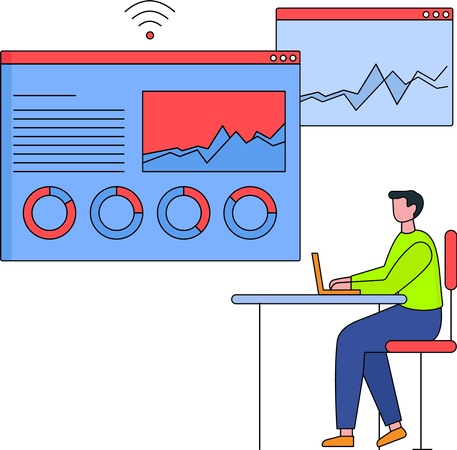 Jeune homme travaillant sur l'analyse des données  Illustration