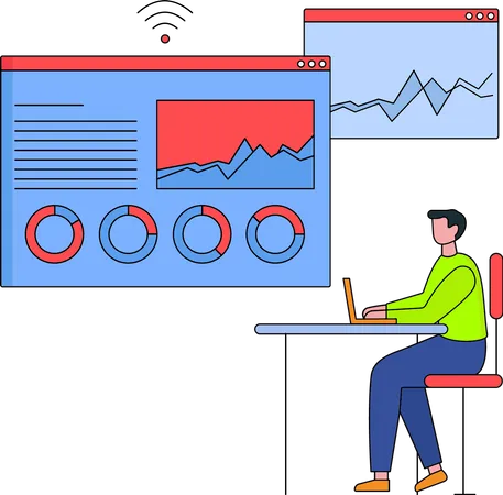 Jeune homme travaillant sur l'analyse des données  Illustration