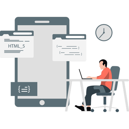 Jeune homme travaillant sur le codage HTML  Illustration