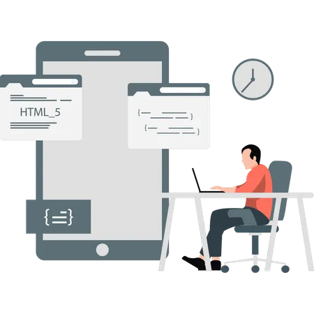 Jeune homme travaillant sur le codage HTML  Illustration