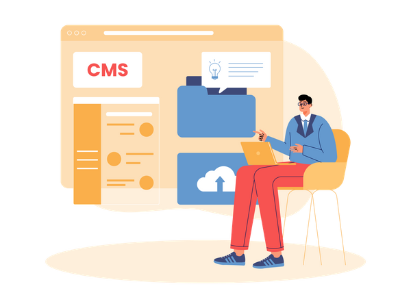 Jeune homme travaillant sur le système CMS  Illustration