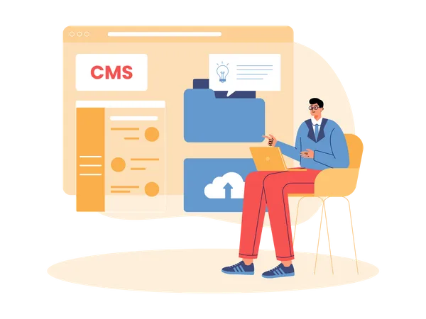 Jeune homme travaillant sur le système CMS  Illustration