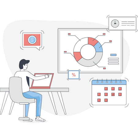 Jeune homme travaillant sur un graphique à secteurs  Illustration