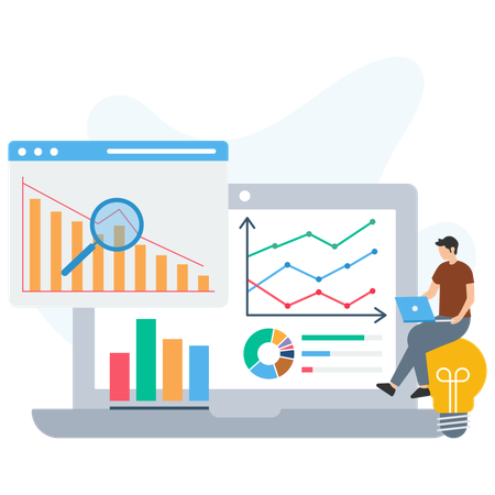 Un jeune homme travaille sur un ordinateur portable tout en effectuant une analyse commerciale  Illustration