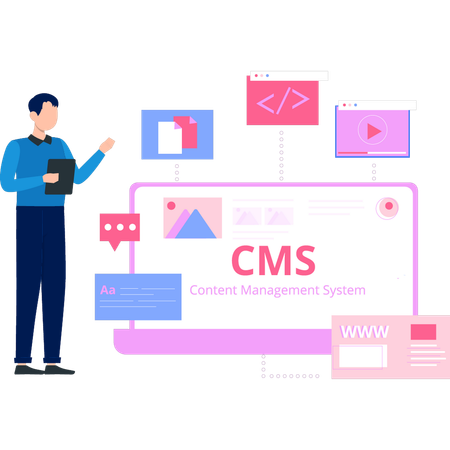 Jeune homme travaillant sur le système CMS  Illustration