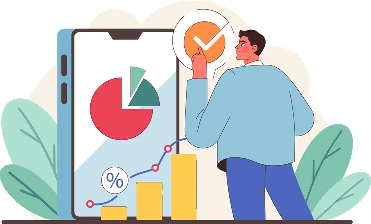 Jeune homme travaillant sur un tableau d'analyse en ligne  Illustration