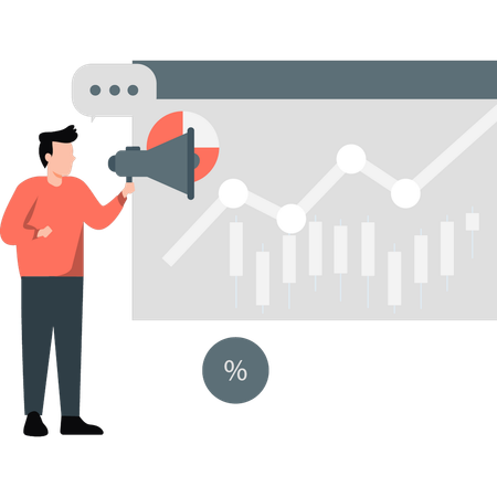 Jeune homme utilisant un mégaphone annonçant le pourcentage  Illustration