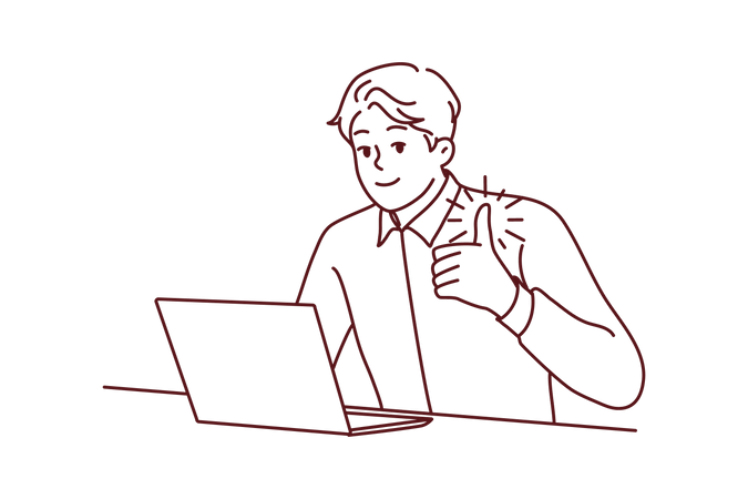 Jeune homme utilisant un ordinateur portable tout en levant les pouces  Illustration