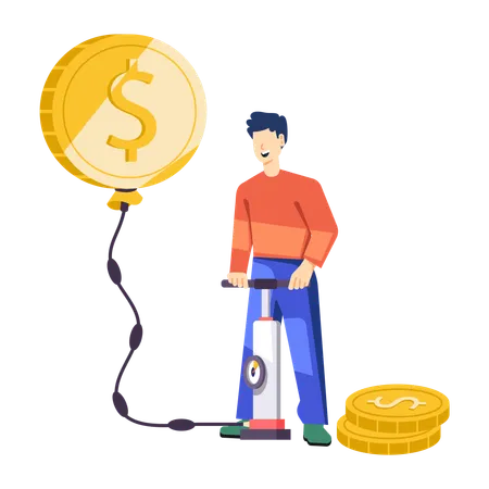 Jeune homme utilisant une pompe à air remplissant l'air dans un ballon en dollars  Illustration