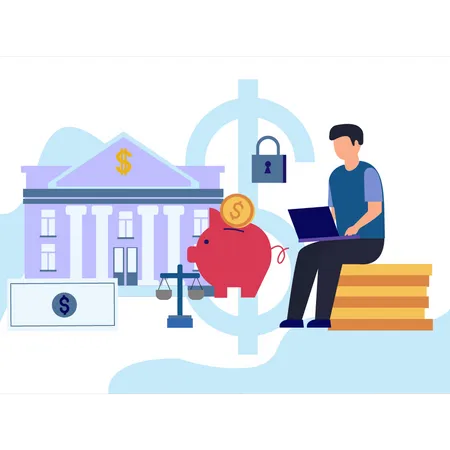 Un jeune homme utilise les services bancaires en ligne  Illustration