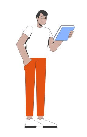 Jeune homme indien en t-shirt blanc tenant un livre  Illustration