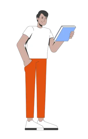 Jeune homme indien en t-shirt blanc tenant un livre  Illustration
