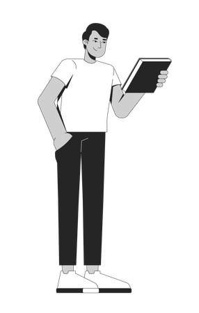 Jeune homme indien en t-shirt blanc tenant un livre  Illustration