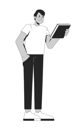 Jeune homme indien en t-shirt blanc tenant un livre  Illustration