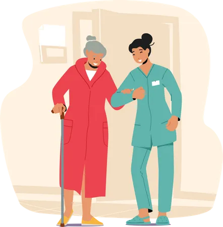 Jeune infirmière aide une vieille femme  Illustration