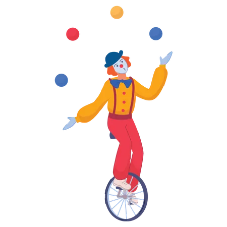 Jeune homme joker faisant du vélo sur une roue avec une balle de jonglage  Illustration