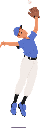 Personnage de joueur de baseball jeune en uniforme bleu sautant pour attraper la balle avec des gants  Illustration