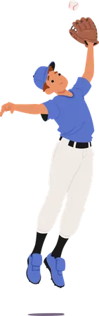 Personnage de joueur de baseball jeune en uniforme bleu sautant pour attraper la balle avec des gants  Illustration