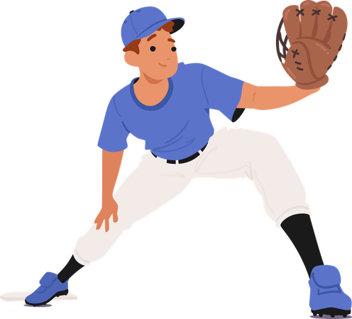 Un jeune joueur de baseball portant un uniforme bleu est prêt à attraper la balle avec son gant  Illustration