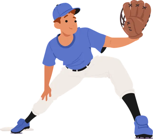 Un jeune joueur de baseball portant un uniforme bleu est prêt à attraper la balle avec son gant  Illustration