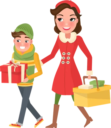 Jeune maman et garçon faisant des achats de Noël  Illustration