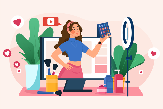 Jeune maquilleuse ou blogueuse beauté examinant le kit de maquillage  Illustration