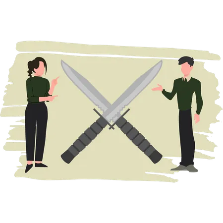 Un jeune homme et une femme parlent de couteaux  Illustration