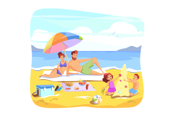 Jeune parent avec enfants sur la plage  Illustration