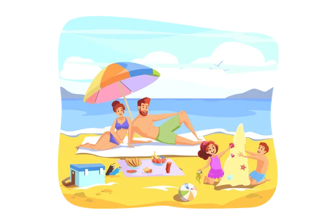 Jeune parent avec enfants sur la plage  Illustration