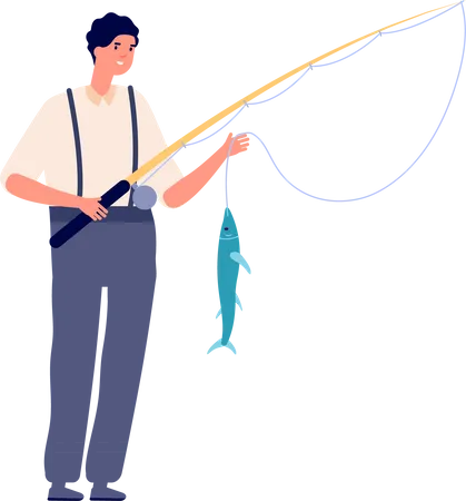 Jeune pêcheur attrapant du poisson  Illustration