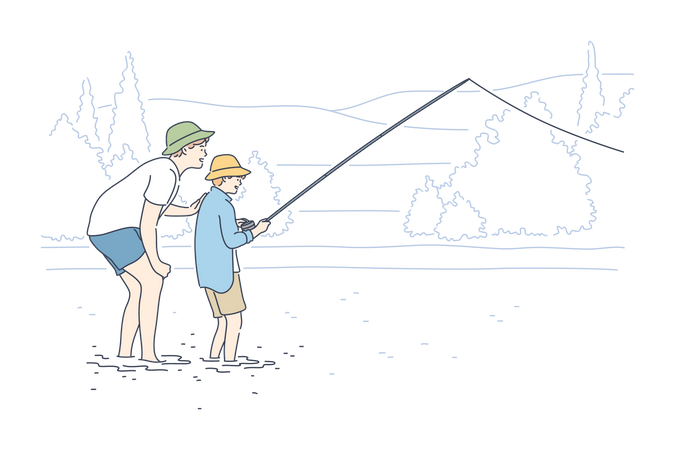 Jeune père enseignant à un adolescent garçon attrapant du poisson sur la rivière du lac  Illustration