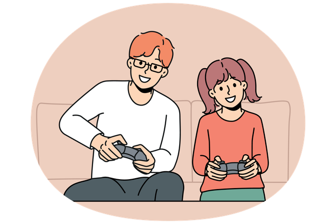 Un jeune père et sa fille s'amusent à jouer à des jeux vidéo ensemble à la maison  Illustration