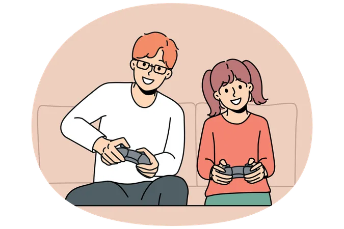 Un jeune père et sa fille s'amusent à jouer à des jeux vidéo ensemble à la maison  Illustration