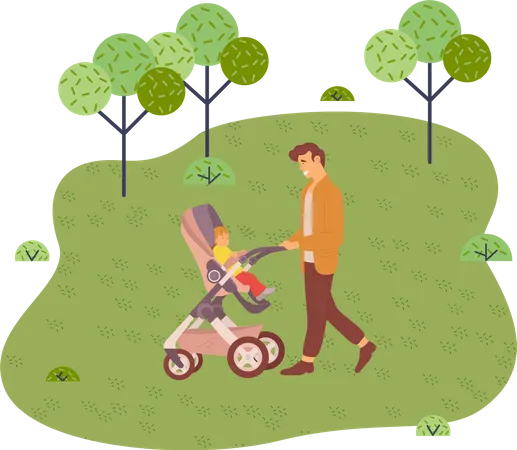 Un jeune père roule une poussette avec un bébé dans le parc de la ville  Illustration