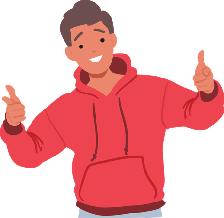 Jeune personnage masculin joyeux portant un sweat à capuche rouge faisant un geste directement vers le spectateur avec les deux index étendus  Illustration