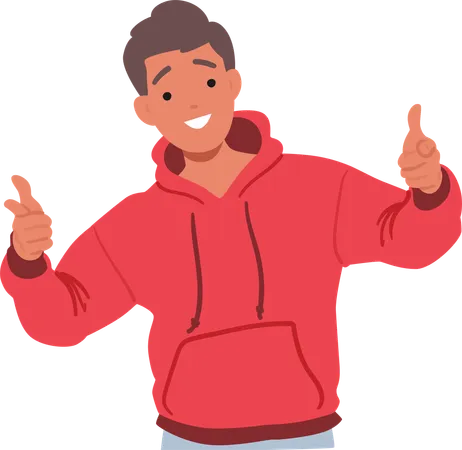 Jeune personnage masculin joyeux portant un sweat à capuche rouge faisant un geste directement vers le spectateur avec les deux index étendus  Illustration