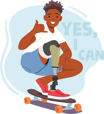 Un jeune skateur roule avec une prothèse de jambe  Illustration