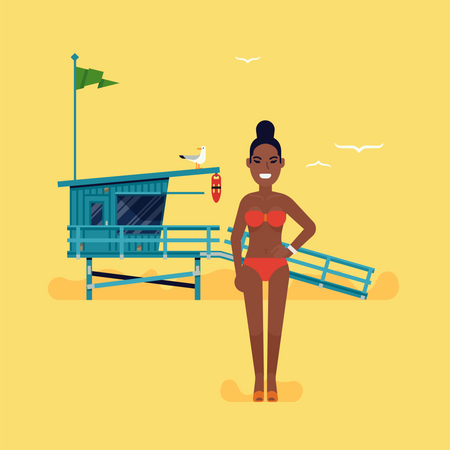 Jeune femme sauveteur debout sur la plage  Illustration