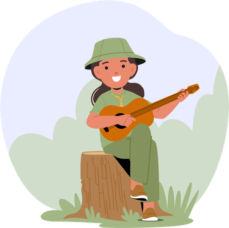 Une jeune scoute assise sur une souche joue de la guitare  Illustration