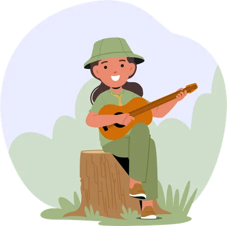 Une jeune scoute assise sur une souche joue de la guitare  Illustration