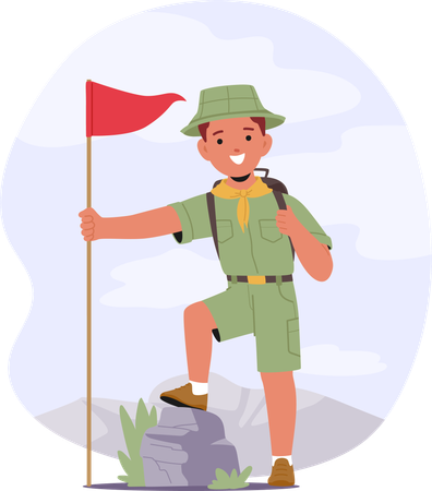 Un jeune scout joyeux tenant un drapeau rouge  Illustration