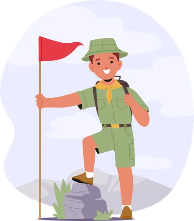 Un jeune scout joyeux tenant un drapeau rouge  Illustration