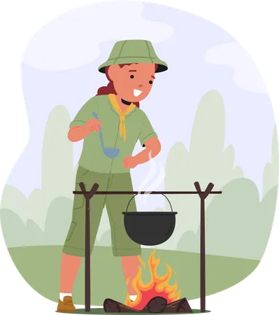 Un jeune scout souriant cuisine sur un feu de camp dans une forêt luxuriante  Illustration