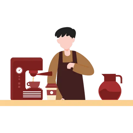 Jeune serveur préparant du café dans une machine  Illustration