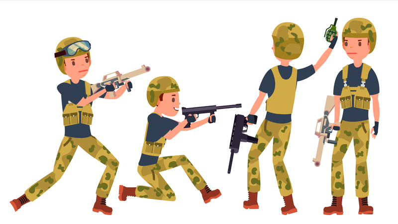 Jeune homme soldat de l'armée avec une pose différente  Illustration