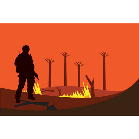 Un jeune soldat regarde le feu  Illustration