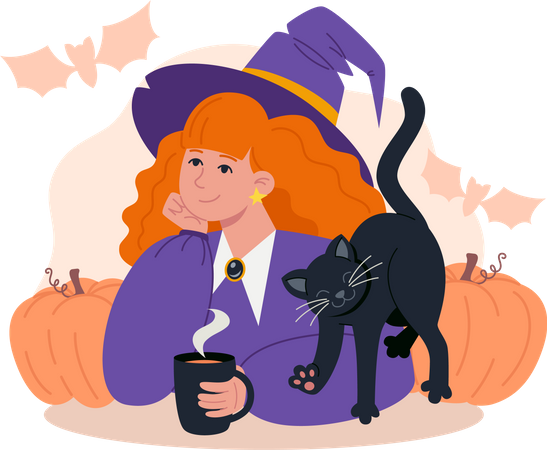 Jeune sorcière aux cheveux rouges et chat noir buvant du thé chaud  Illustration