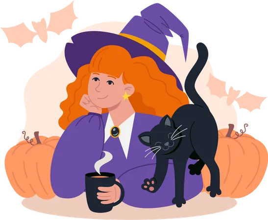 Jeune sorcière aux cheveux rouges et chat noir buvant du thé chaud  Illustration