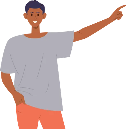 Jeune homme souriant positivement adolescent pointant avec l'index vers la gauche  Illustration